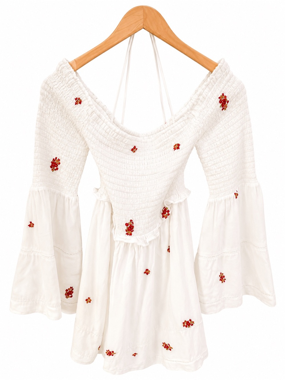 Free People White Off-Shoulder Smocked Peasant Top with Red Floral Embroidery